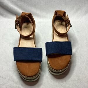C comfort est 1946 brown and denim wedged sandals size 9